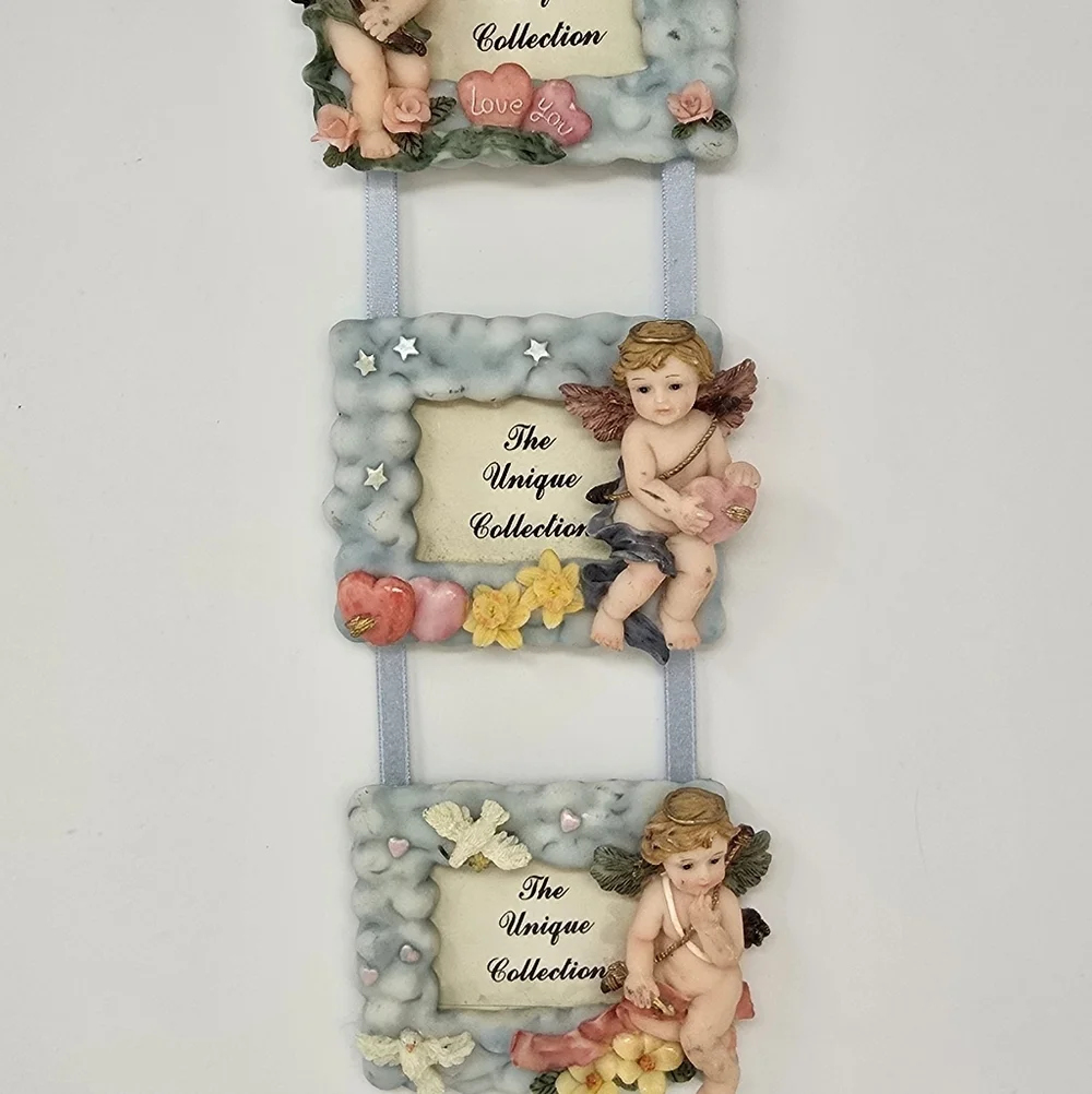 Vintage angels hanging triple photo picture frame resin dove 90s wall‎ decor